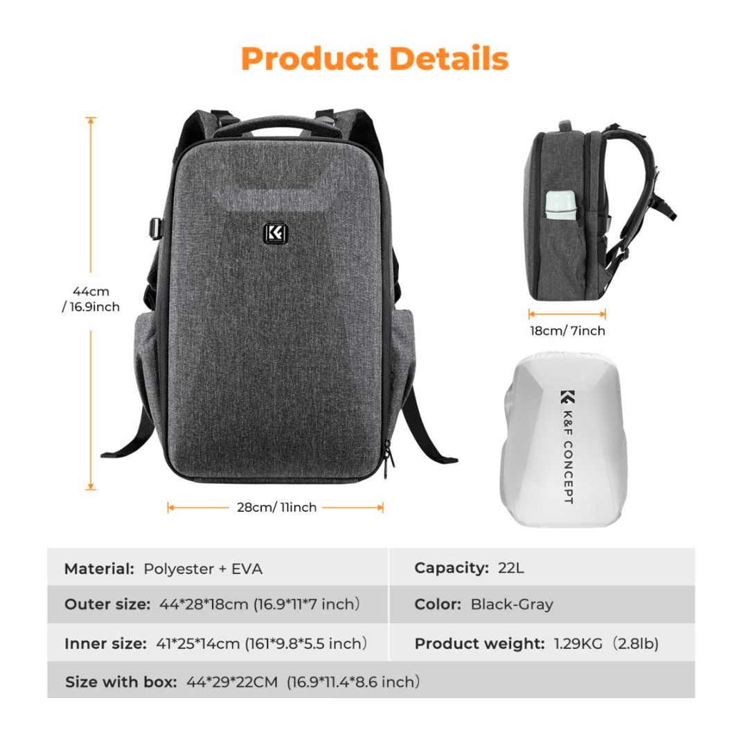 K&F Concept Hardshell Camera Backpack 22L Waterproof Nature Wander 10 (Tamno sivi) KF13.134V4 - 7